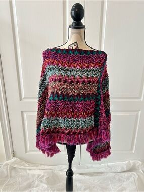 Multicolor Knit Fringe Women's poncho Sweater - Pink Mix